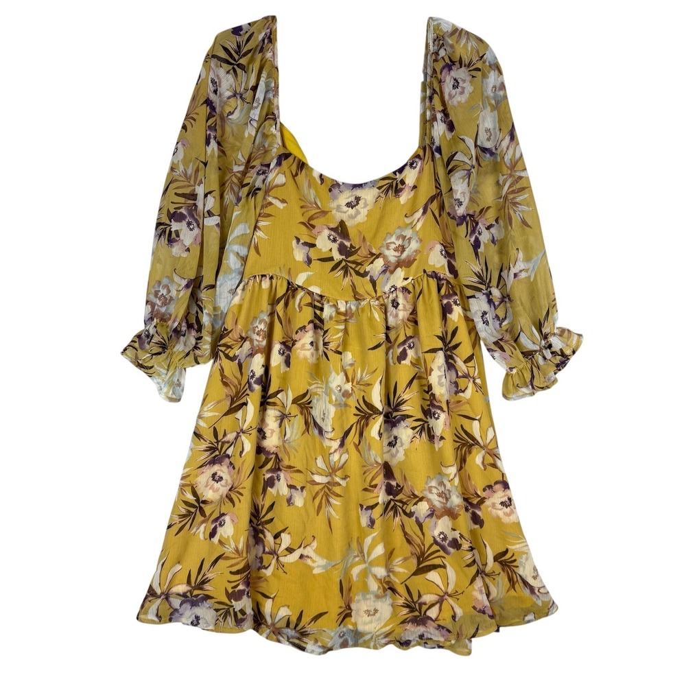 By Together Dress Womens Large Yellow Floral Long Sleeve Cutout Sundress Boho‎